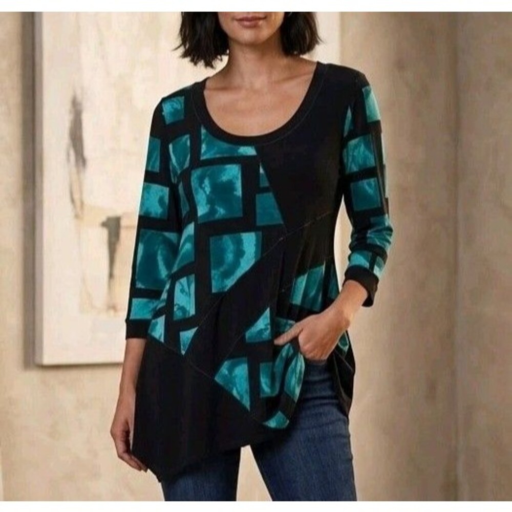 Eva Varro Artsy Abstract Asymmetric Hem Tunic Blouse Top Size XL